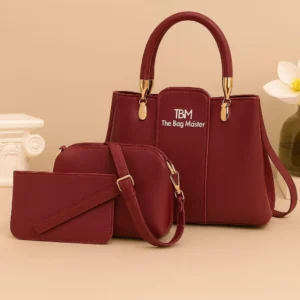 Three-piece women's rexine handbag set in multiple colors with top handles