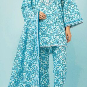 Elegant blue printed unstitched 3-piece khaddar suit for women with matching dupatta