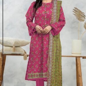 Vibrant pink printed unstitched 3-piece dobby lawn suit with plain lawn trouser