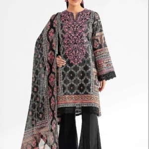Elegant black printed unstitched 3-piece linen suit for women with plain trouser